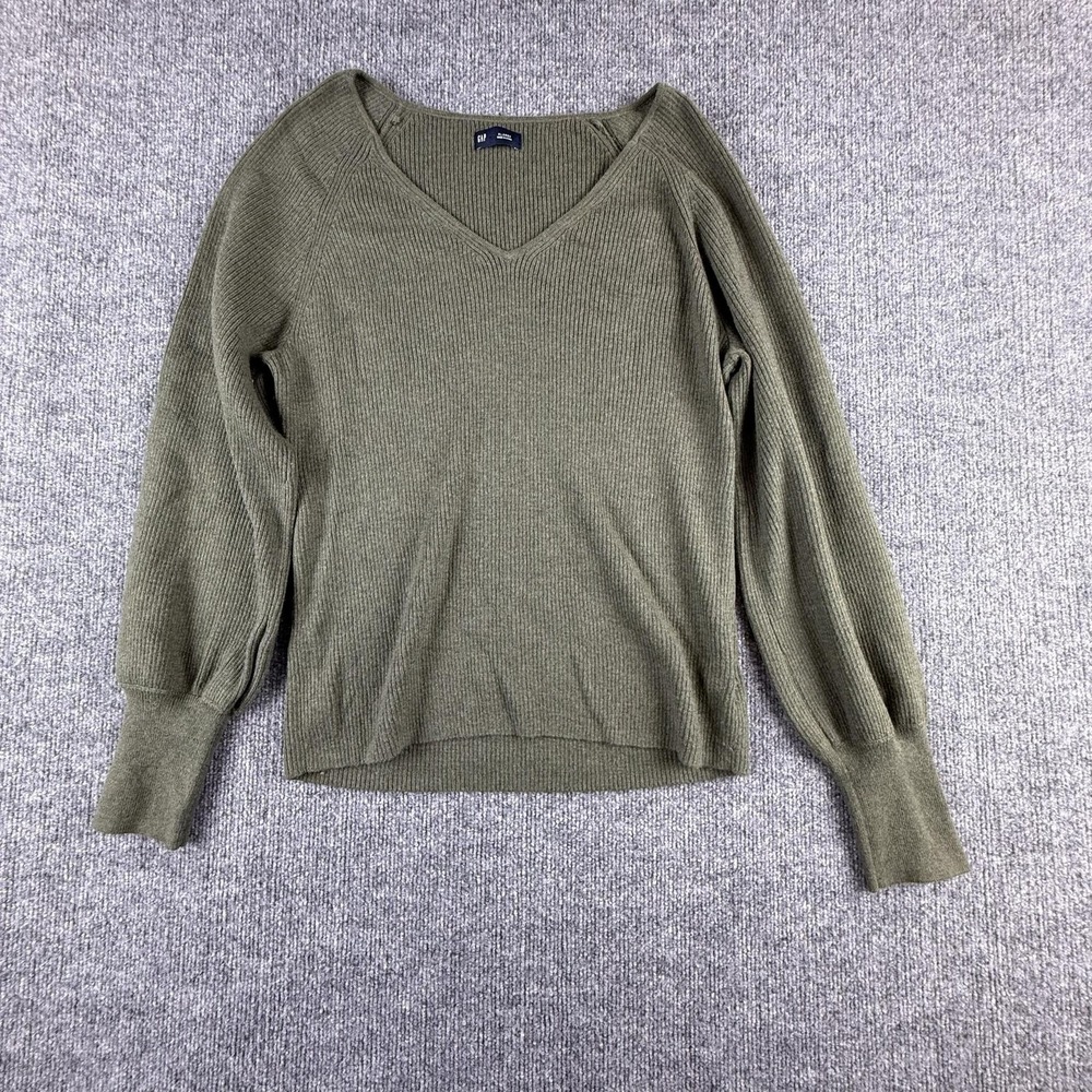 Gap Sweater Womens XL Green V Neck Balloon Sleeve Knit Pullover Stretch